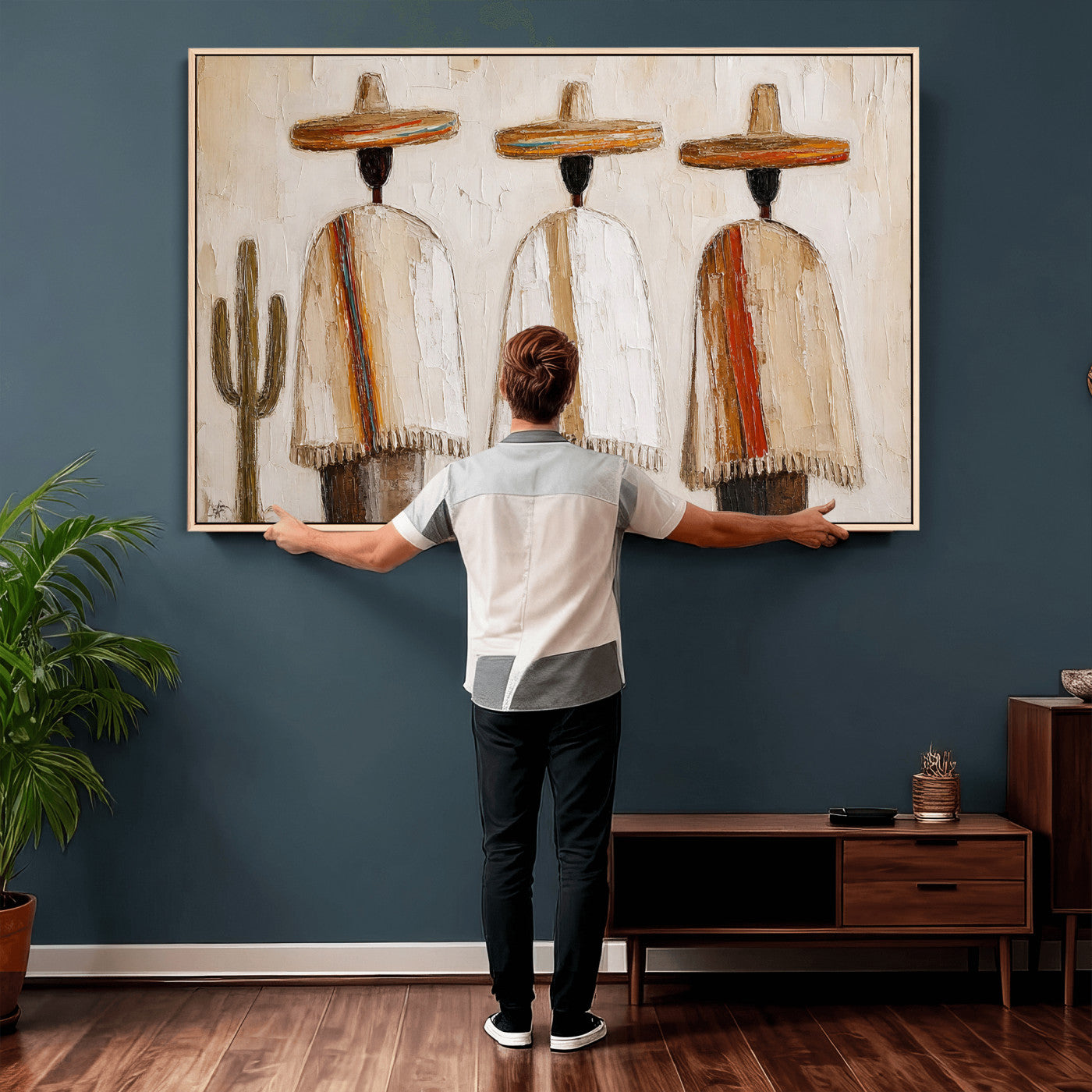 72884785-MGV-CV-36X24 - Mexican Folk Art Canvas Wall Art, Southwestern Sombrero Poncho Painting, Neutral Earthy Boho Decor, Fiesta Living Room Art, Impasto Style Print