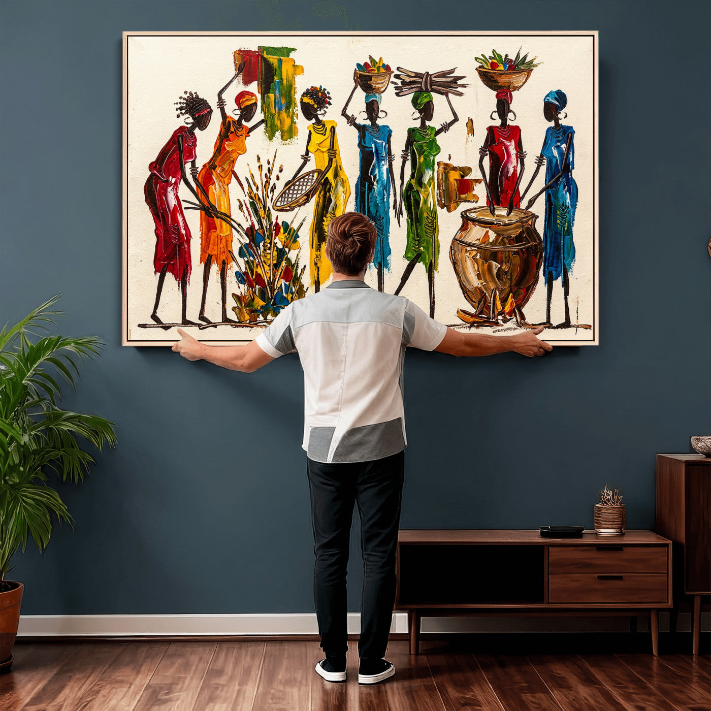 83463154-MGV-CV-36X24 - African Folk Art Canvas Wall Art, Colorful African Women Village Painting Print, Tribal Ethnic Home Decor, Vibrant African Art, Living Room