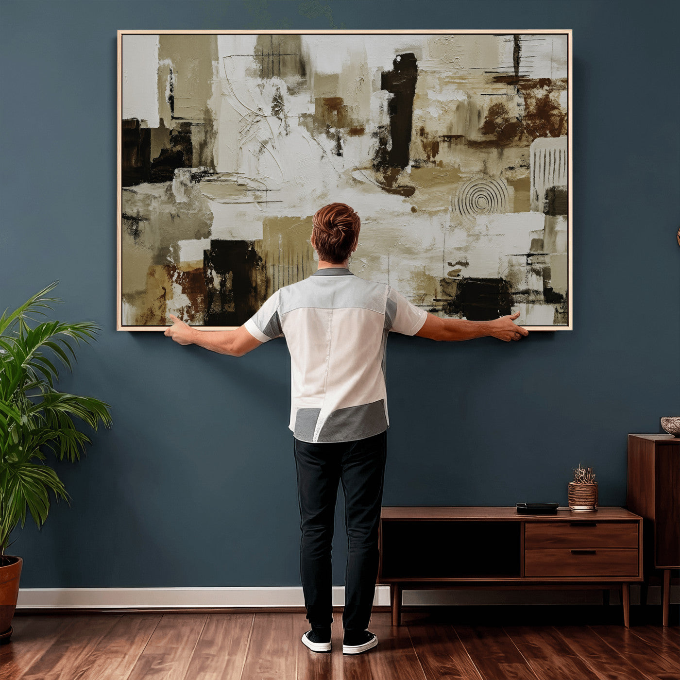 15668286-MGV-CV-36X24 - Blue Teal Abstract Canvas Wall Art, Modern Textured Painting Print, Navy Orange White Contemporary Art, Neutral Living Room Decor, Office Art