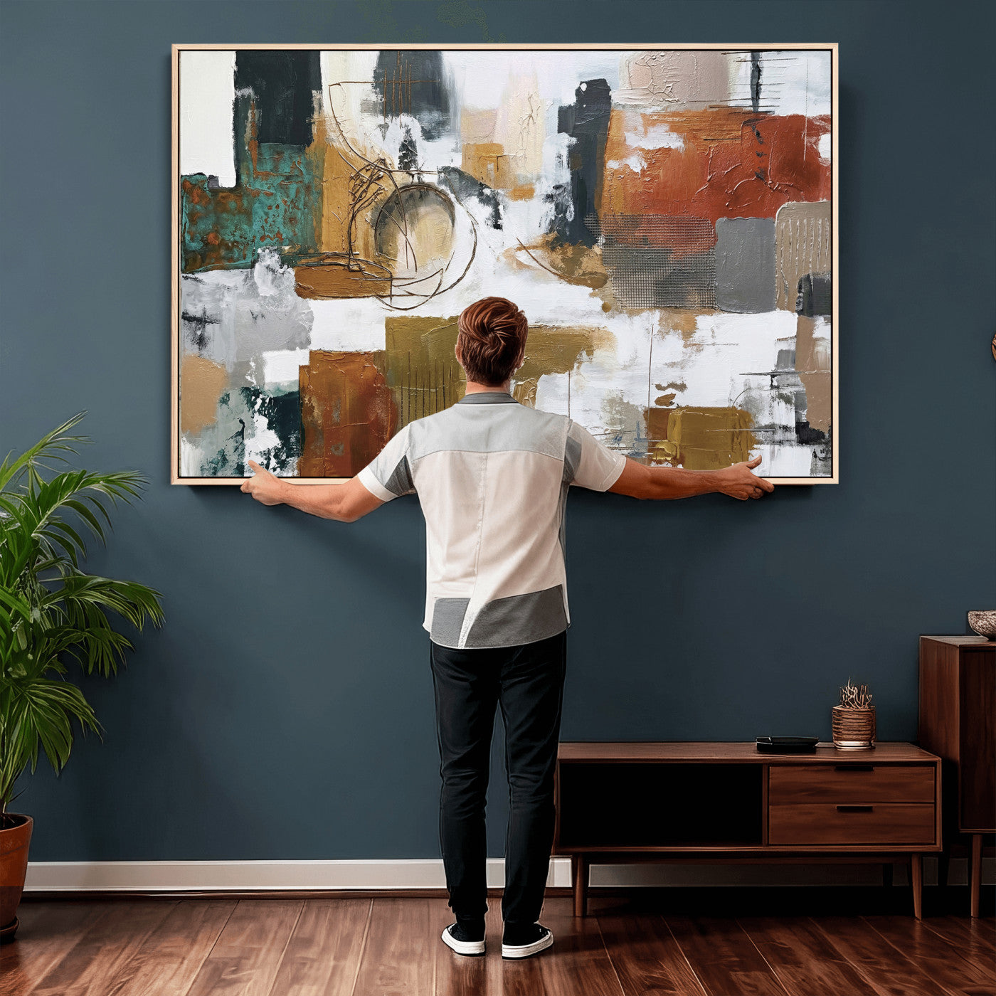 50720312-MGV-CV-36X24 - Blue Teal Abstract Canvas Wall Art, Modern Textured Painting Print, Navy Orange White Contemporary Art, Neutral Living Room Decor, Office Art