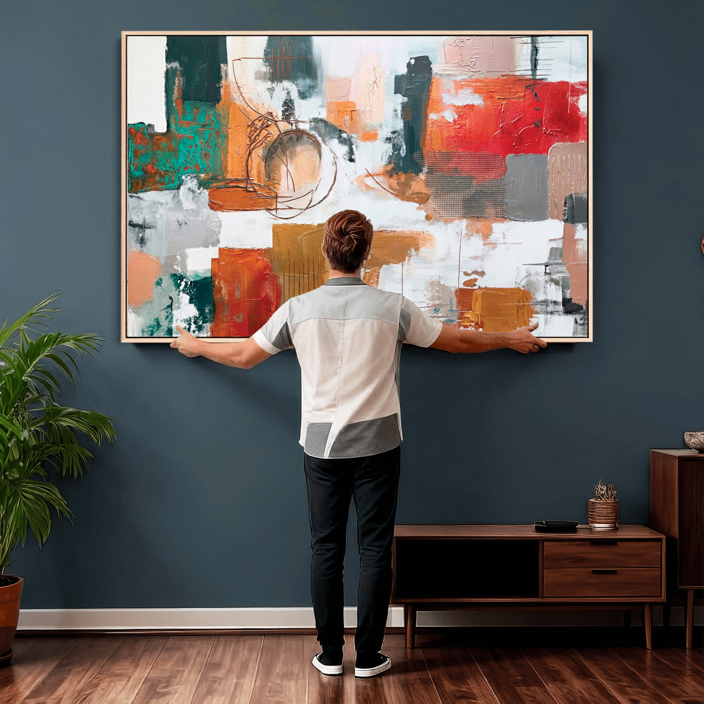 50720312-MGV-CV-36X24 - Blue Teal Abstract Canvas Wall Art | Modern Textured Painting Print, Navy Orange White Contemporary Art, Neutral Living Room Decor, Office Art.