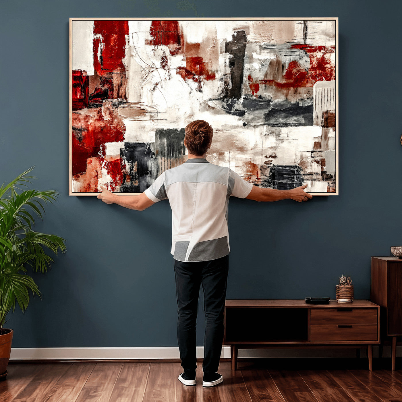 53022468-MGV-CV-36X24 - Blue Teal Abstract Canvas Wall Art, Modern Textured Painting Print, Navy Orange White Contemporary Art, Neutral Living Room Decor, Office Art