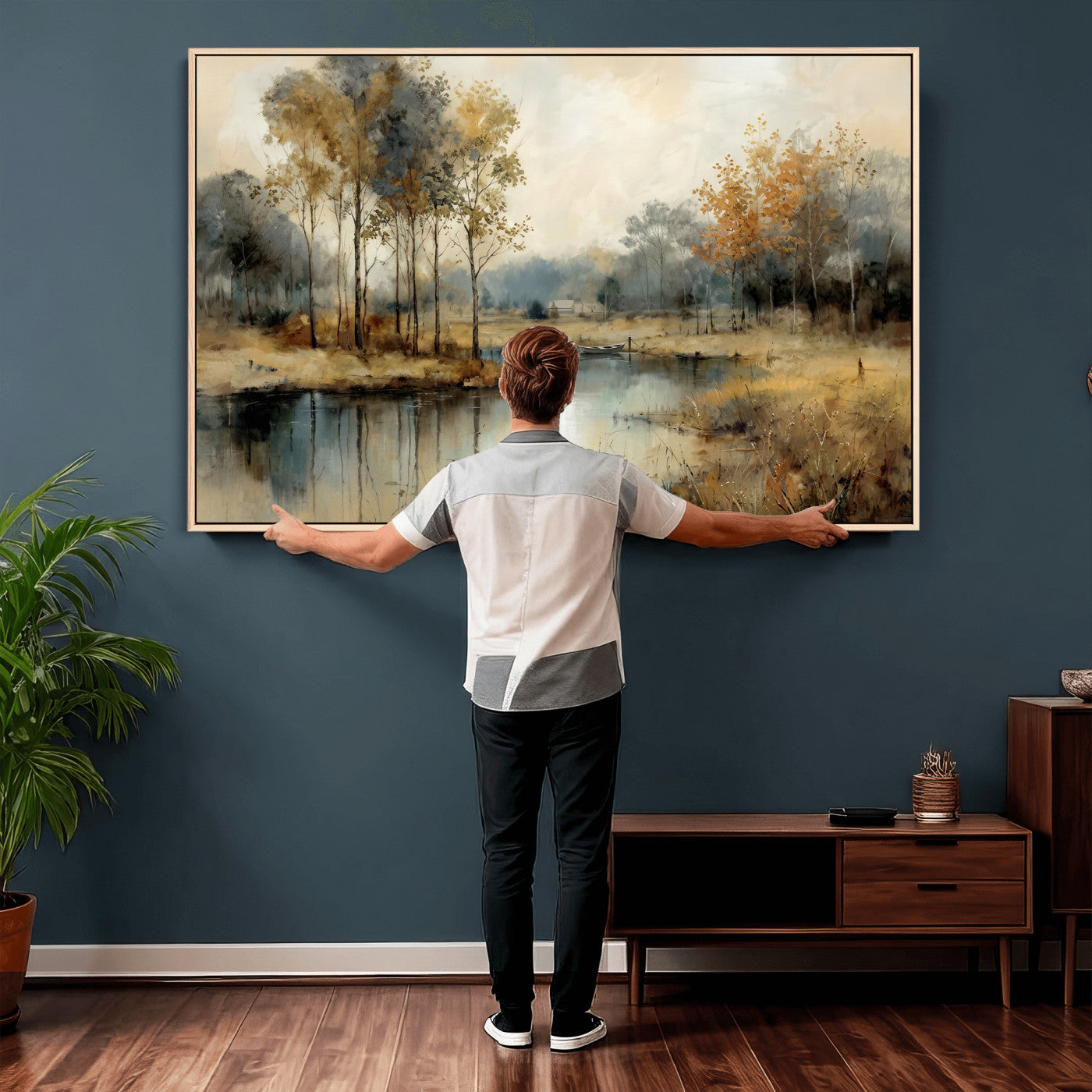 74391095-MGV-CV-36X24 - Abstract WatercolorAutumn Lake Canvas Wall Art Print, Misty Forest Landscape, Rustic Nature Painting, Cabin Wall Decor, Ready to Hang