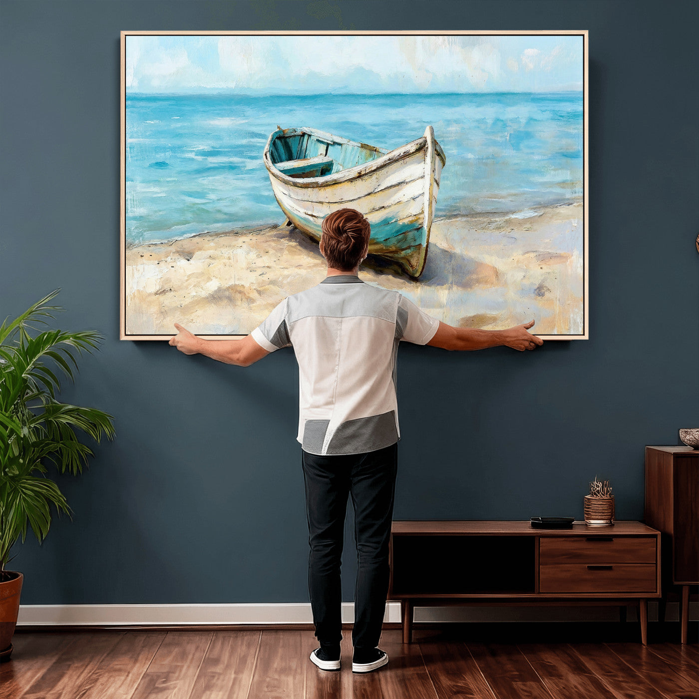 14780565-MGV-CV-36X24 - Coastal Boat Canvas Wall Art Print, Beach Boat Painting, Nautical Ocean Decor, Seascape Wall Art, Ready to Hang