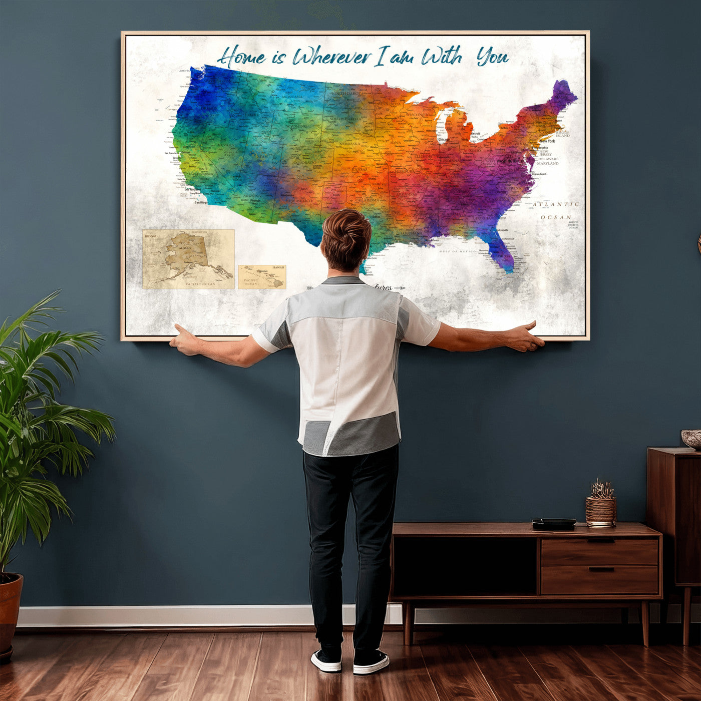 17251793-MGV-CV-36X24 - Watercolor USA Travel Map with Pins Colorful Modern Canvas Wall Art