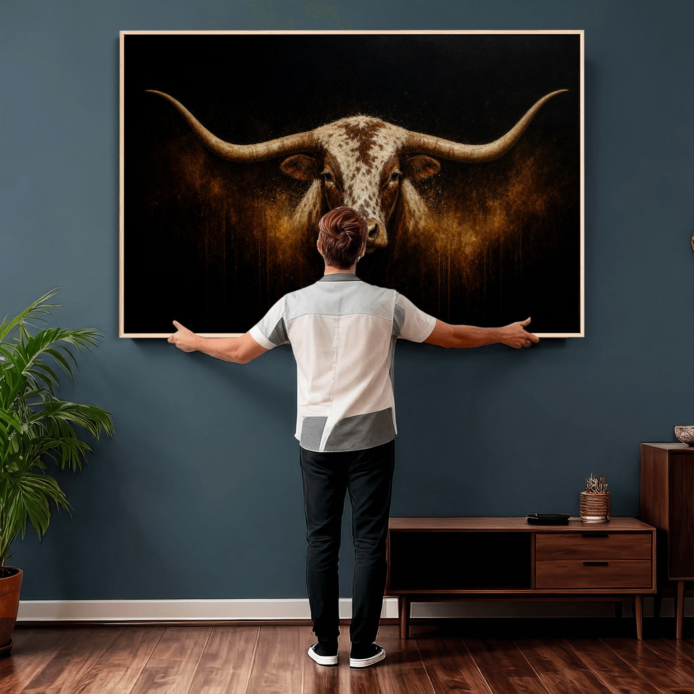 12628958-MGV-CV-36X24 - Texas Longhorn Canvas Wall Art Moody Western Bull Oil Painting Print