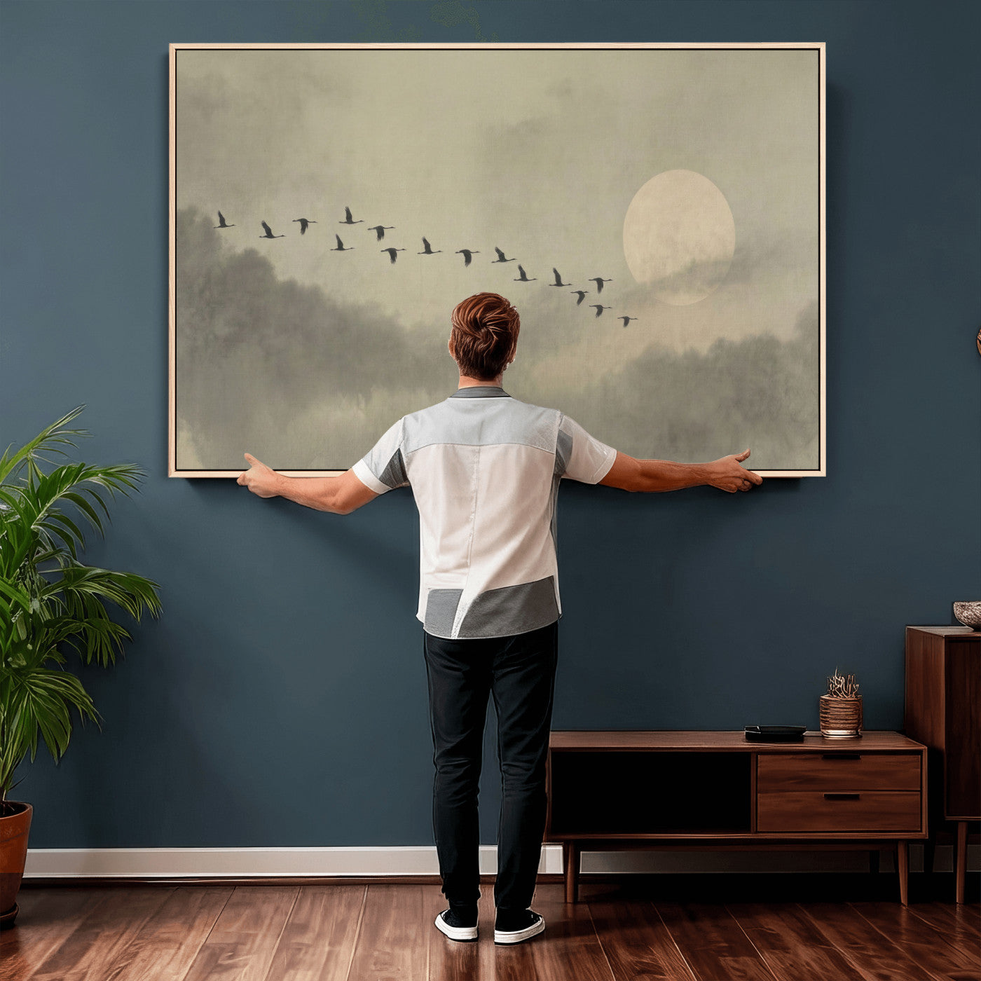 12098149-MGV-CV-36X24 - Flock of Birds Flying to Full Moon Wall Art Canvas Print - Vintage Surreal Clouds Painting