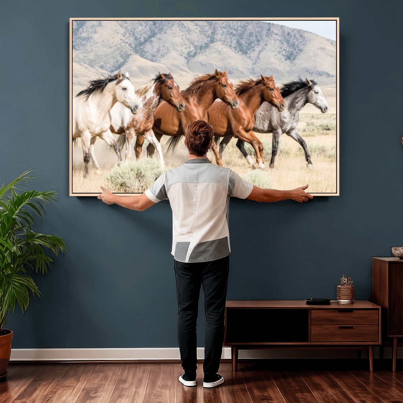 68345893-MGV-CV-36X24 - Five Mustangs Running Wild in Mountain Valley Wall Art Canvas Print - Rustic Western Decor