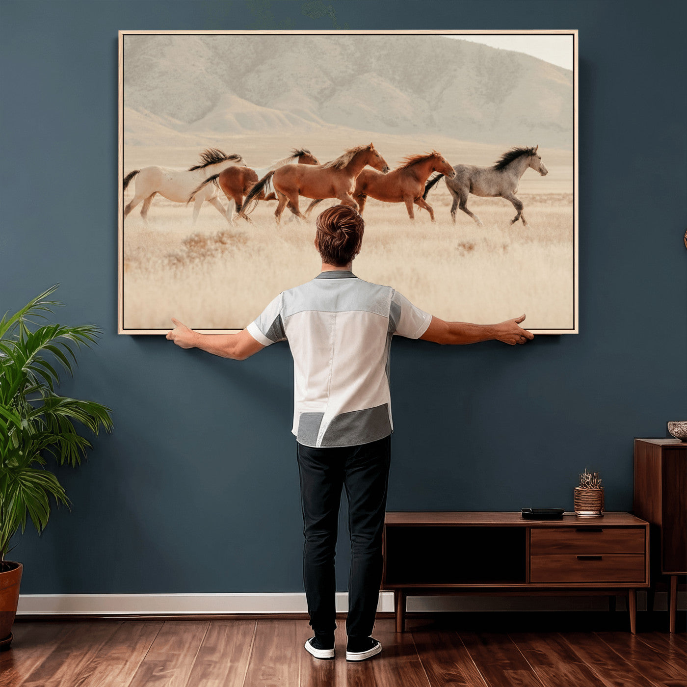 43348446-MGV-CV-36X24 - Herd of Wild Horses Running in Desert Mountain Wall Art Canvas Print - Boho Western Landscape