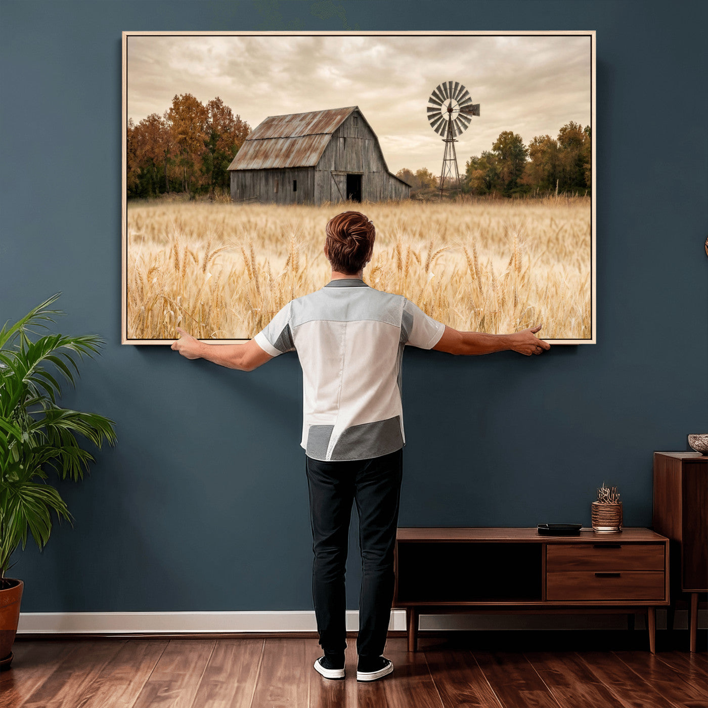 99640659-MGV-CV-36X24 - Rustic Farmhouse Barn and Windmill Wall Art Canvas Print, Country Landscape Photography Print