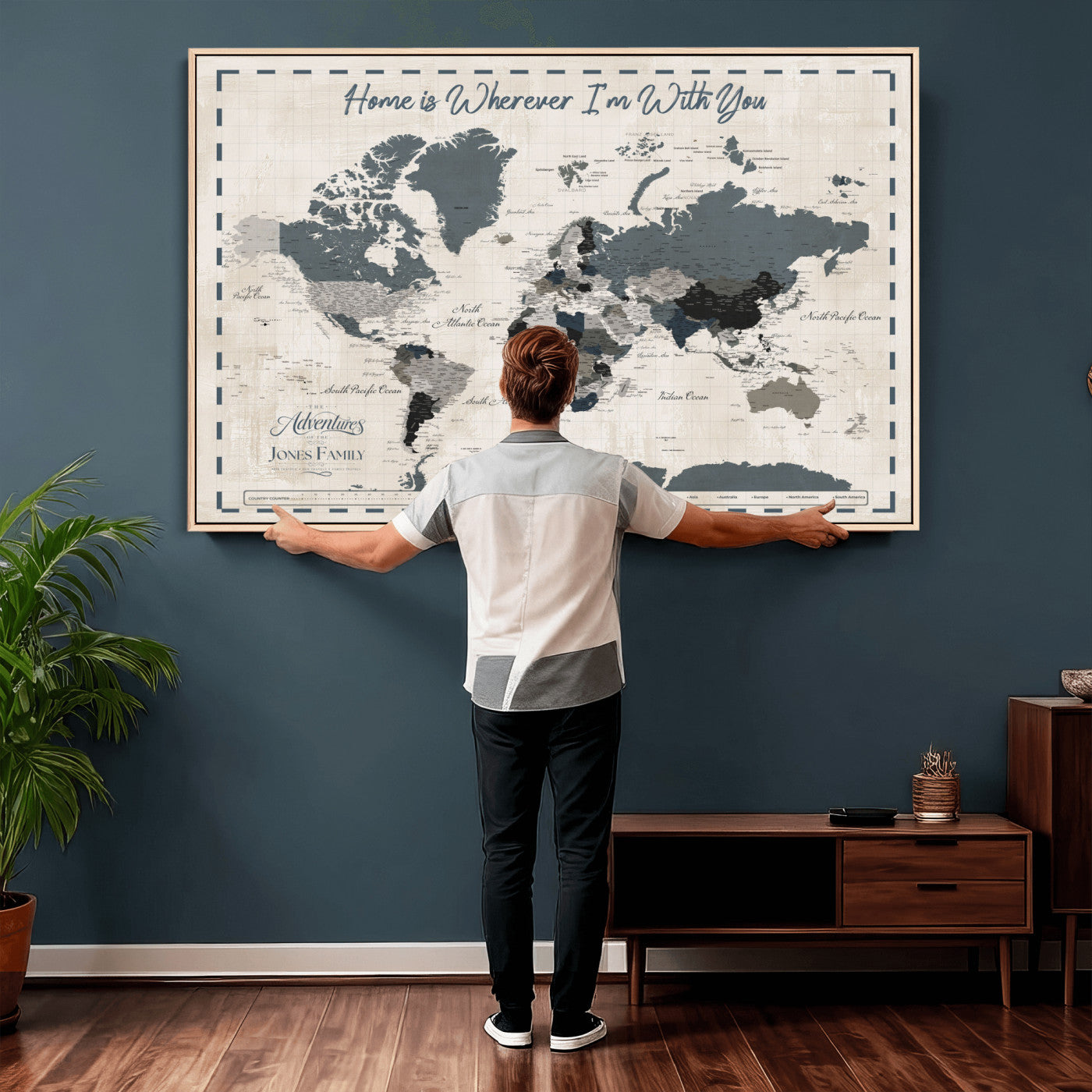 400867164-MGV-CV-36X24 - Framed Blue Custom Push Pin World Map Canvas Print – Personalized Travel Map Wall Art