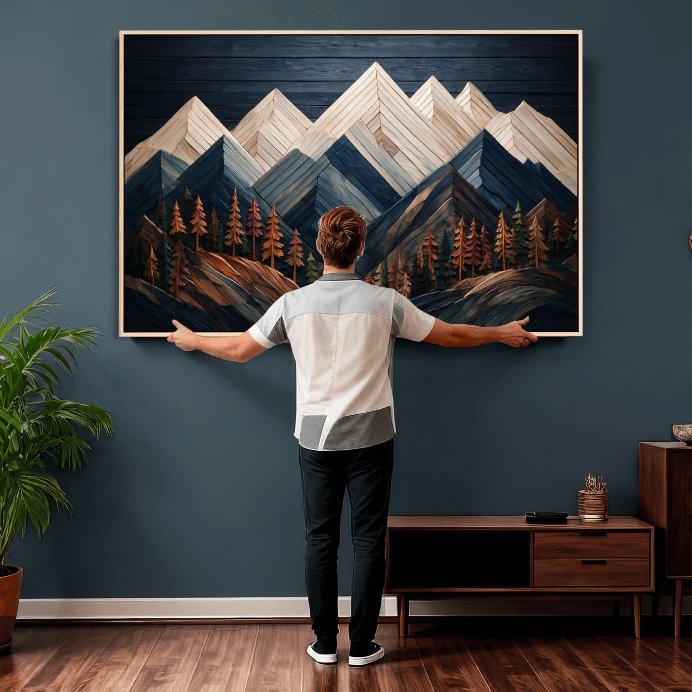 87765072-MGV-CV-36X24 - Geometric Wood Mountain Wall Art Canvas Print, 3D Look Rustic Mosaic Landscape Print