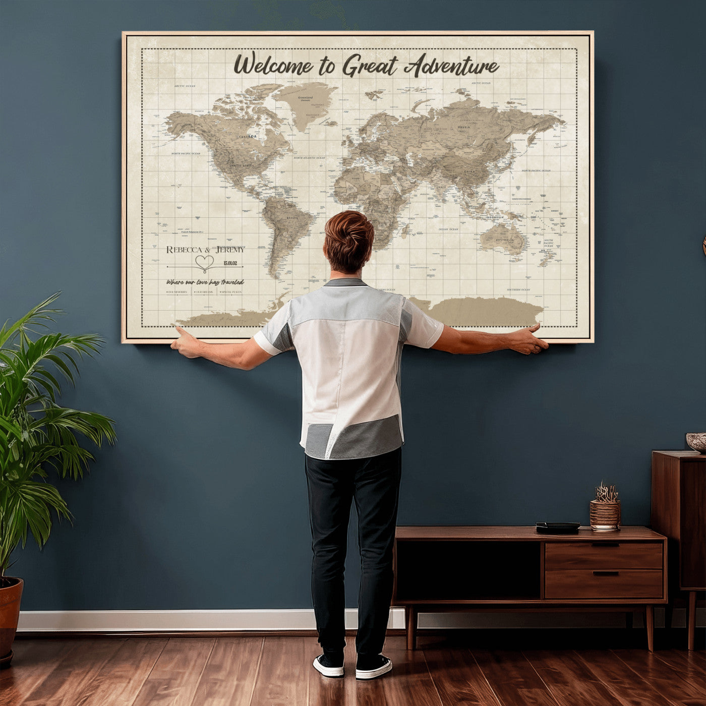 51180020-MGV-CV-36X24 - Custom Push Pin Travel Map Canvas Print, Cream Personalized Travel Tracker Map, Anniversary Gift, Vintage World Map Wall Art