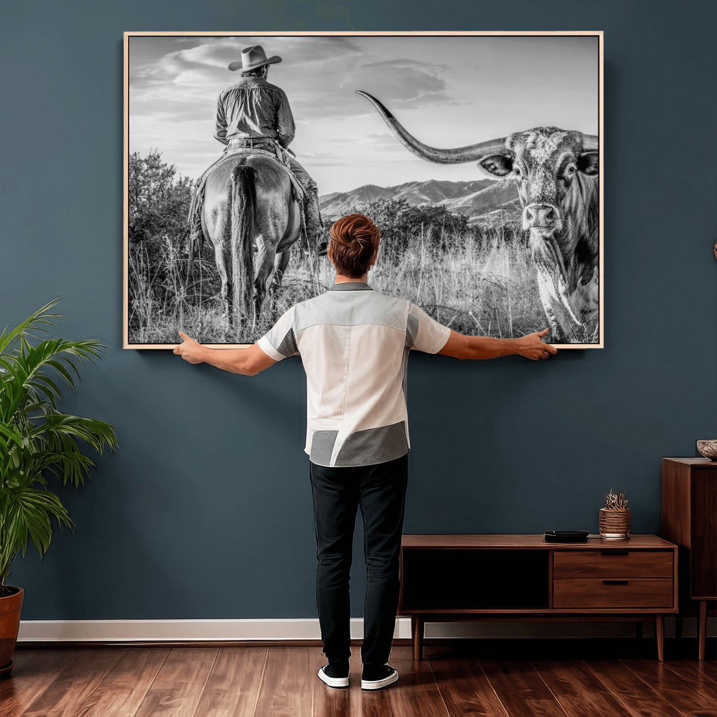 62076449WB-MGV-CV-36X24 - Texas Cowboy and Longhorn Bull Print for Western Wall Art Decor for Farmhouse