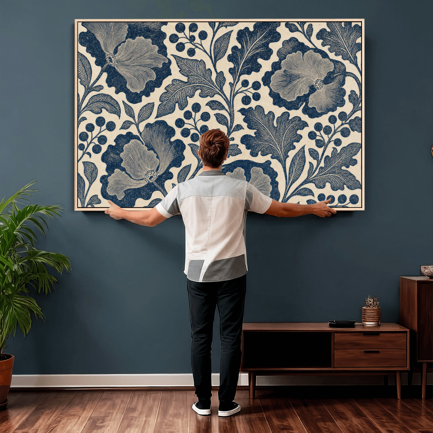 23824002-MGV-CV-36X24 - William Morris Style Navy Blue Floral Wall Art Canvas Print, Vintage Cream Botanical Painting Print