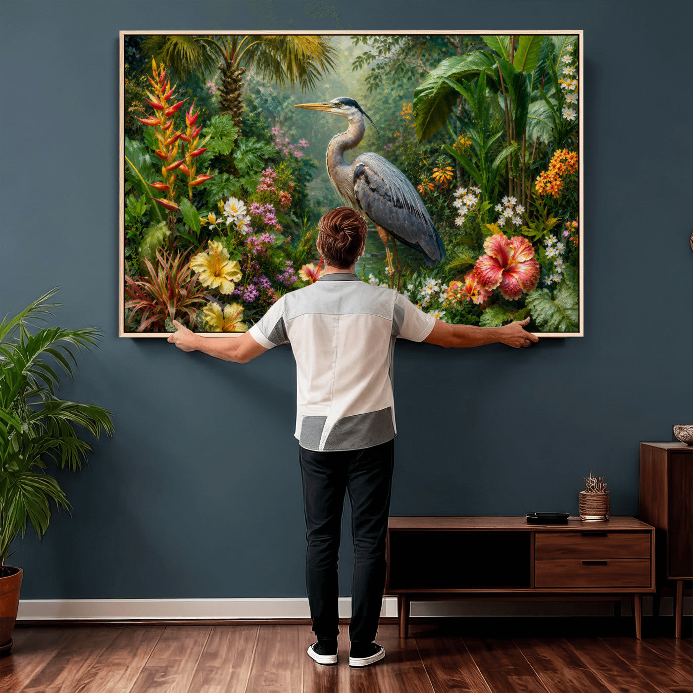 81059387-MGV-CV-36X24 - Great Blue Heron Tropical Jungle Wall Art Canvas Print, Exotic Botanical Garden Painting Print