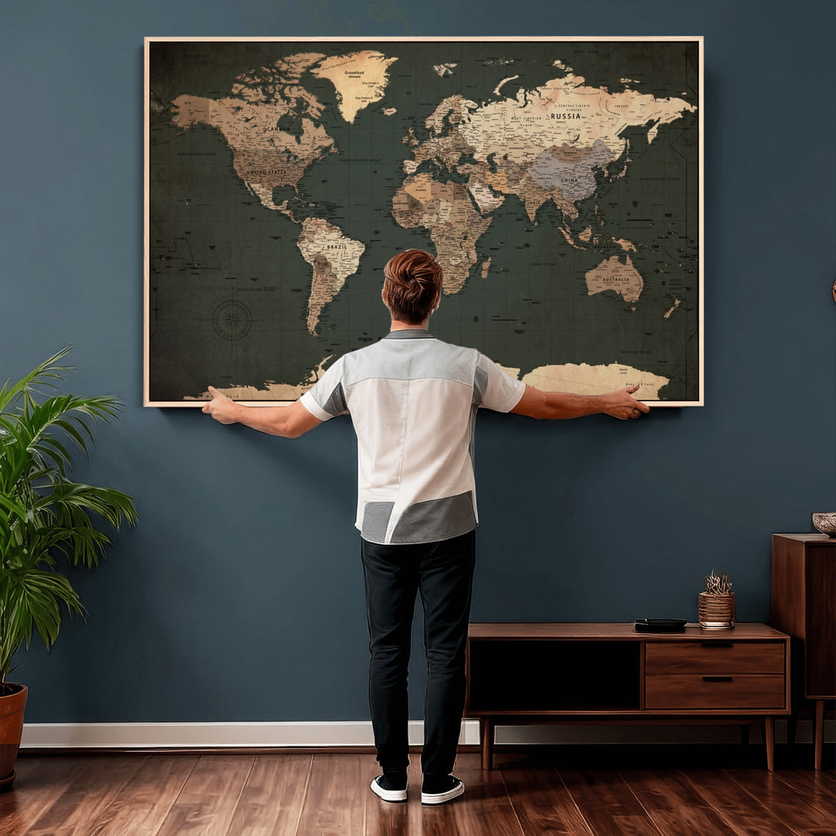 42327656-MGV-CV-36X24 - Extra Large Framed Personalize Push Pin World Map Wall Art Canvas Print for Travel Tracking