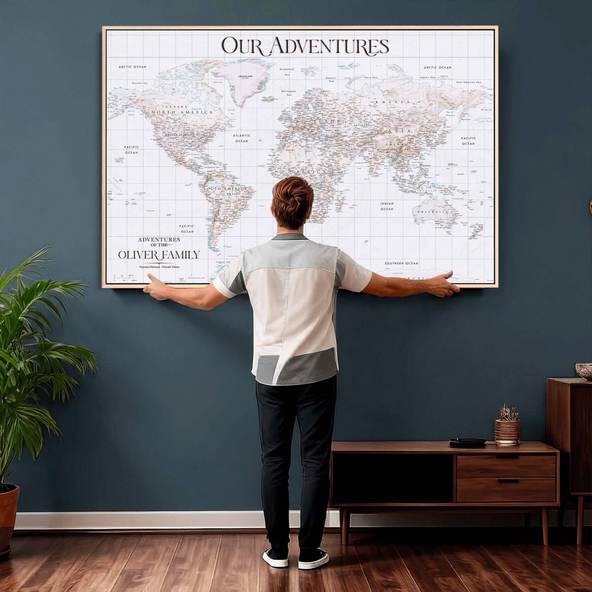 18074626D3DD-MGV-CV-36X24 - Extra Large Framed Personalize Push Pin World Map Wall Art Canvas Print for Travel Tracking NEWMAP - 015