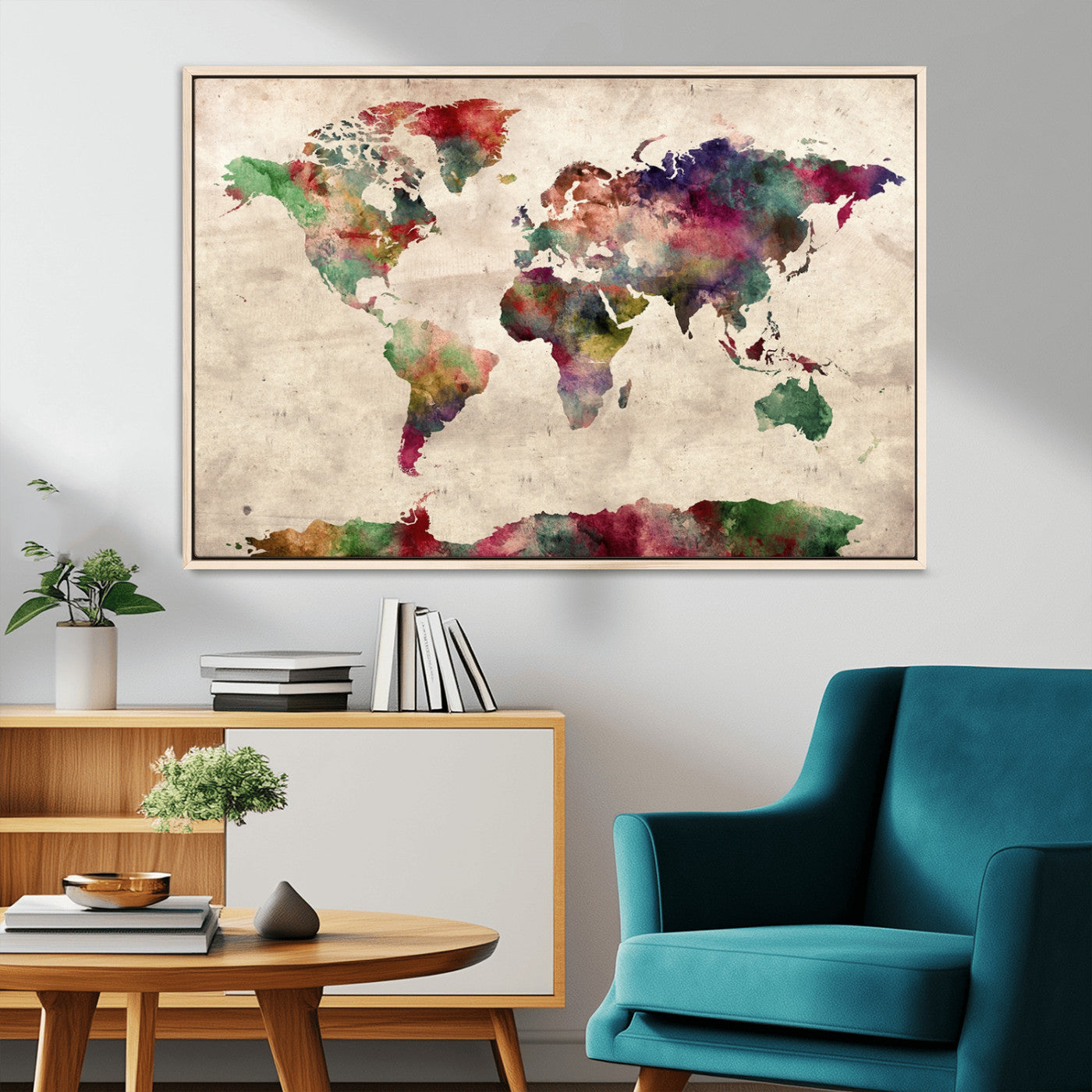 -Watercolor World Map Canvas Print – Framed Push Pin Wall Art for Couples, Colorful Travel Map Artwork for Elegant Home and Office Decor