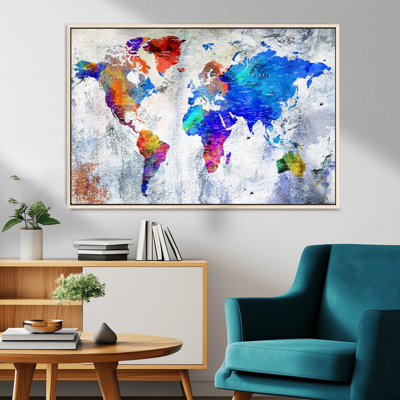 -World Map Canvas Print – Colorful Abstract Push Pin Travel Map, Framed Wall Art for Home or Office Decor