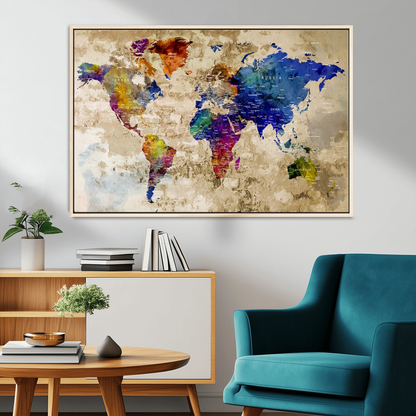 92939-MGV-CV-36X24-Colorful World Map Canvas Wall Art – Abstract Watercolor Map Print, Modern Travel Decor for Home Office or Study