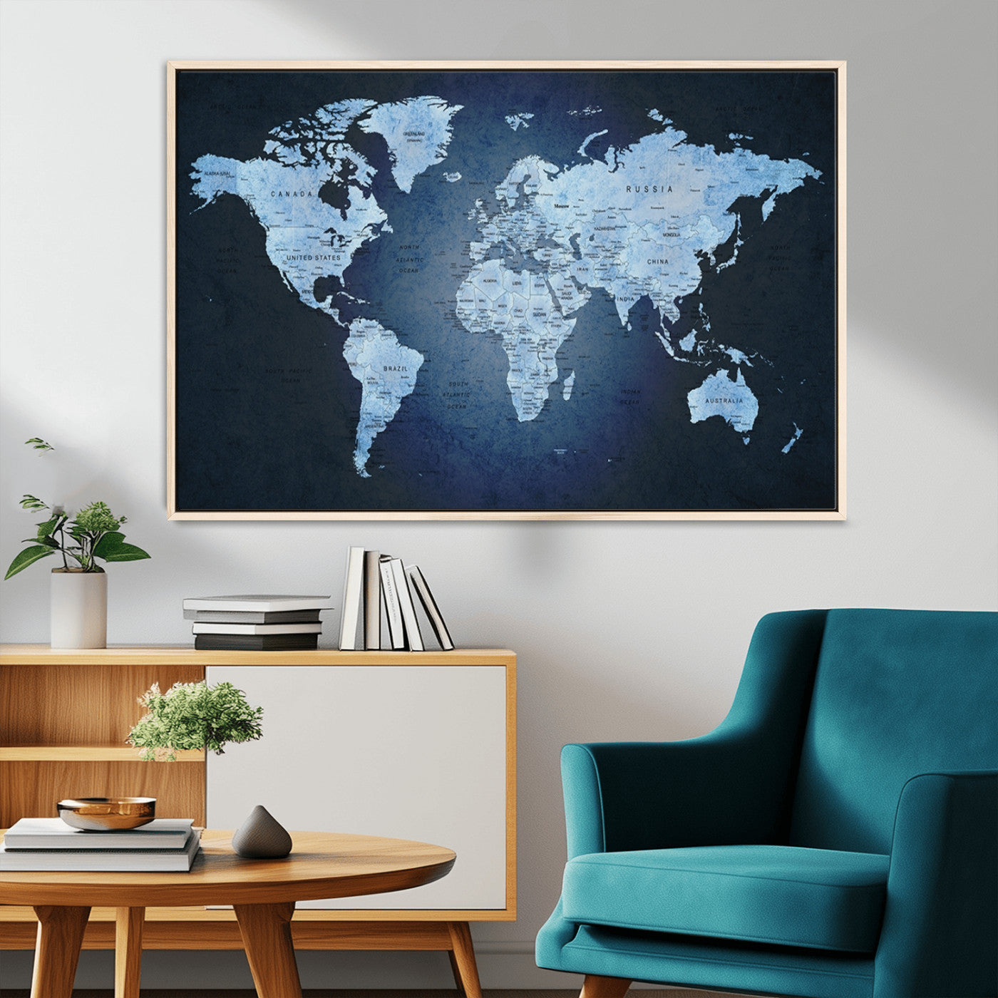 26249-MGV-CV-36X24-Blue World Map Canvas Wall Art – Framed Modern Push Pin Travel Map for Home and Office Decor, Elegant Navy Global Wall Artwork for Travelers