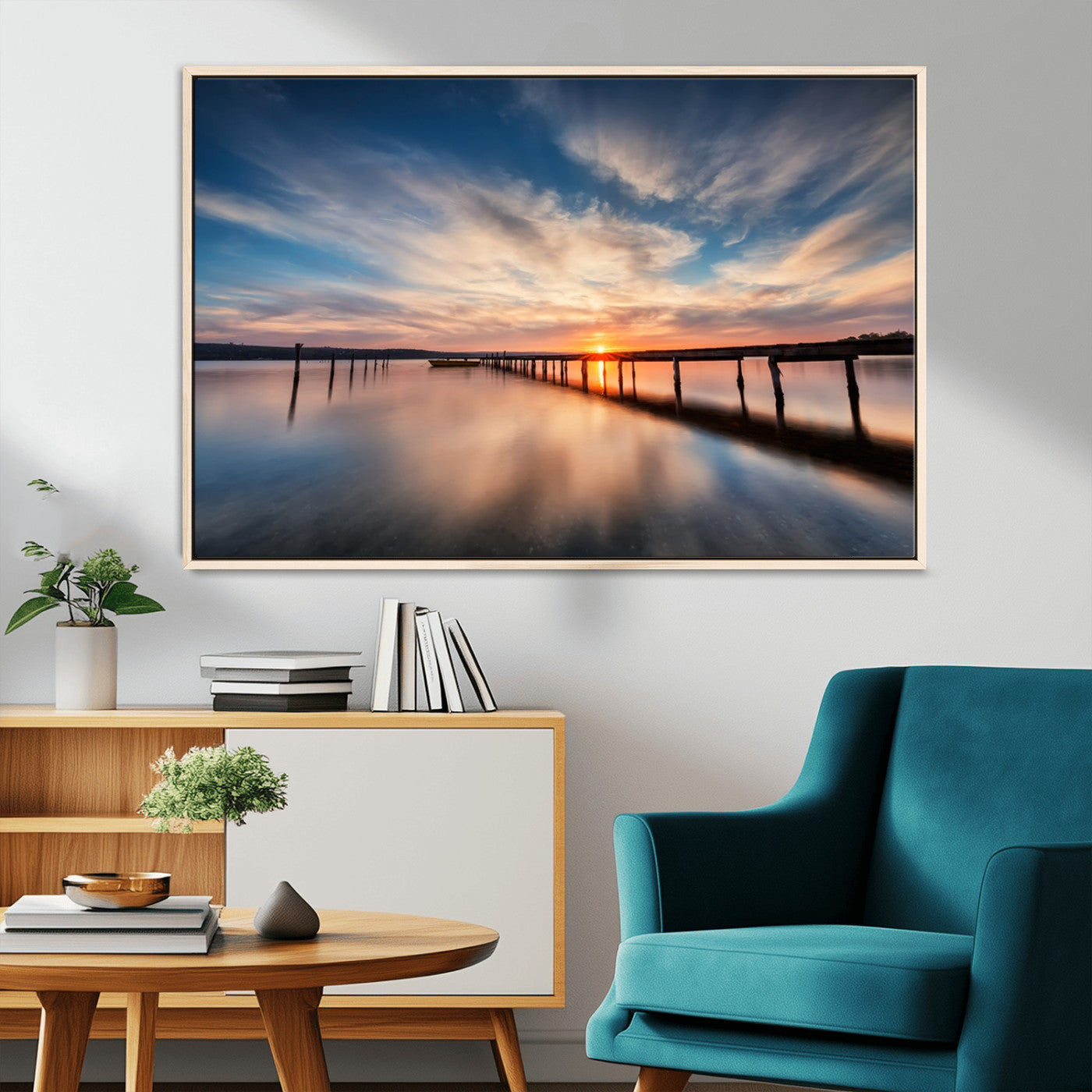 39967-MGV-CV-36X24-Wooden Pier on Seascape and Sunset Wall Art Canvas Print