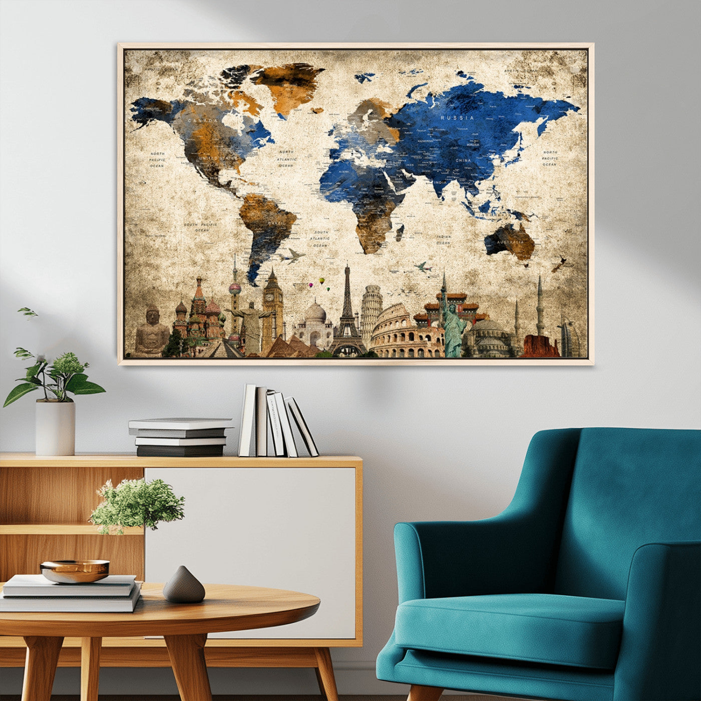 20261-MGV-CV-36X24-World Map Canvas Print – Vintage Blue and Gold World Map Wall Art, Framed Travel Inspired Decor for Living Room or Office