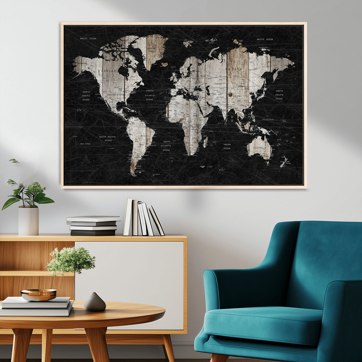 89998-MGV-CV-36X24-Rustic Black and Wood World Map Canvas Wall Art – Framed Push Pin Travel Map for Home and Office Decor, Modern Vintage Wall Artwork
