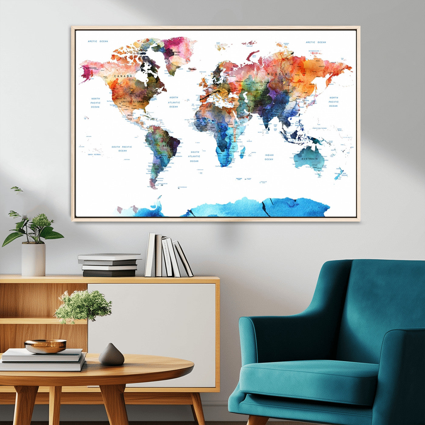 11576-MGV-CV-36X24-Vibrant Watercolor World Map Canvas Wall Art – Framed Push Pin Travel Map for Home and Office Decor, Modern Colorful Wall Artwork