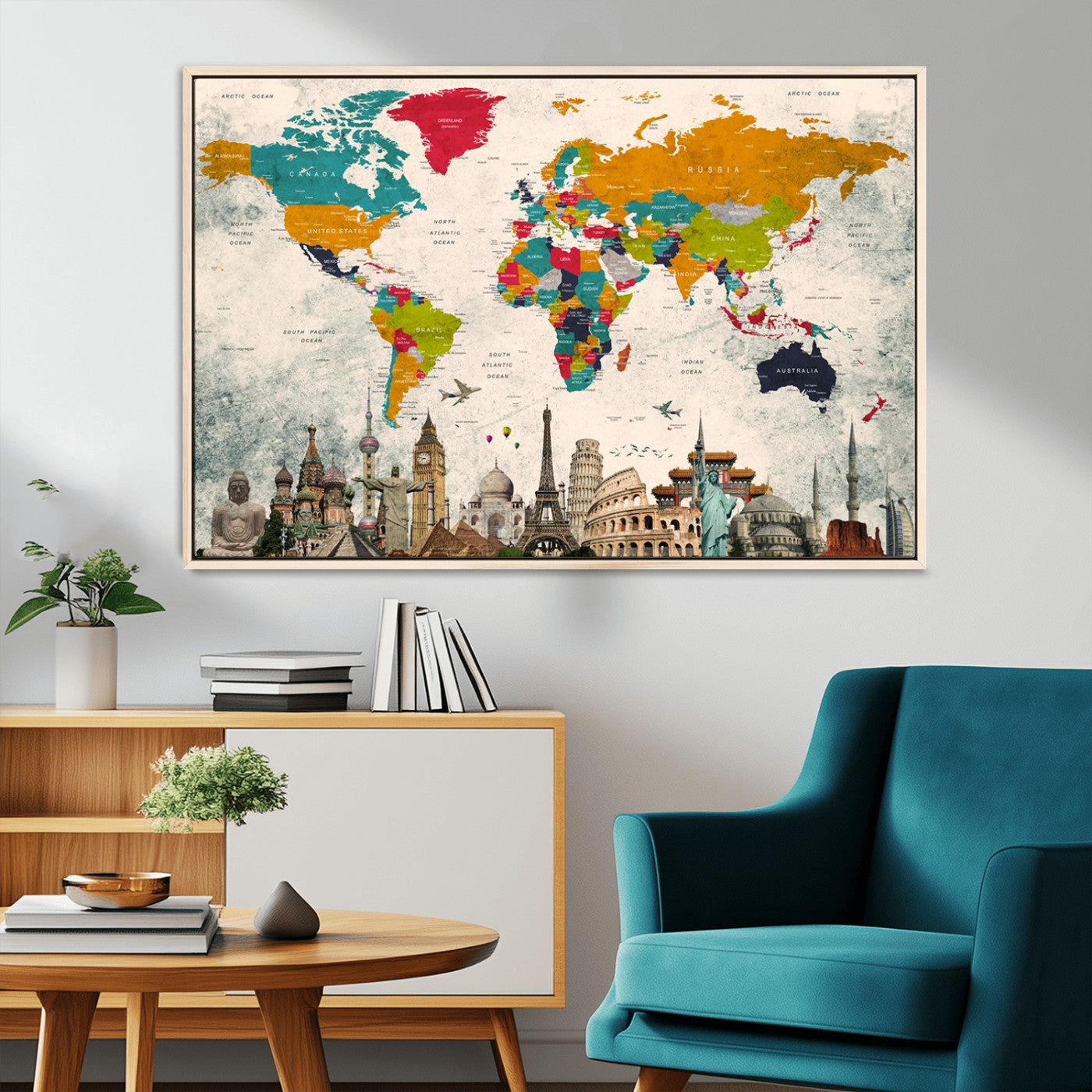 98056-MGV-CV-36X24-Colorful World Map Canvas Wall Art with Landmarks – Framed Travel Map Print for Home and Office Decor, Perfect Gift for Travel Lovers