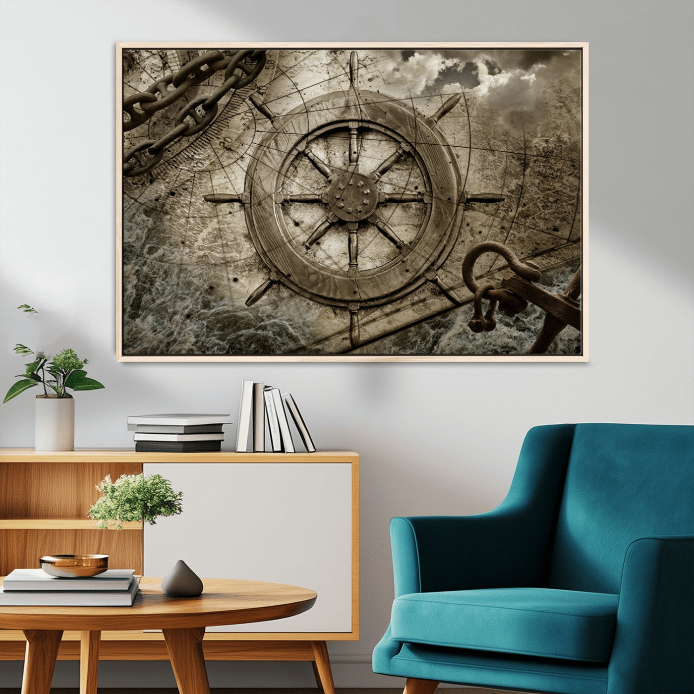 -Wooden Ship Wheel Canvas Print, Multi Panel Canvas Wall Art Print