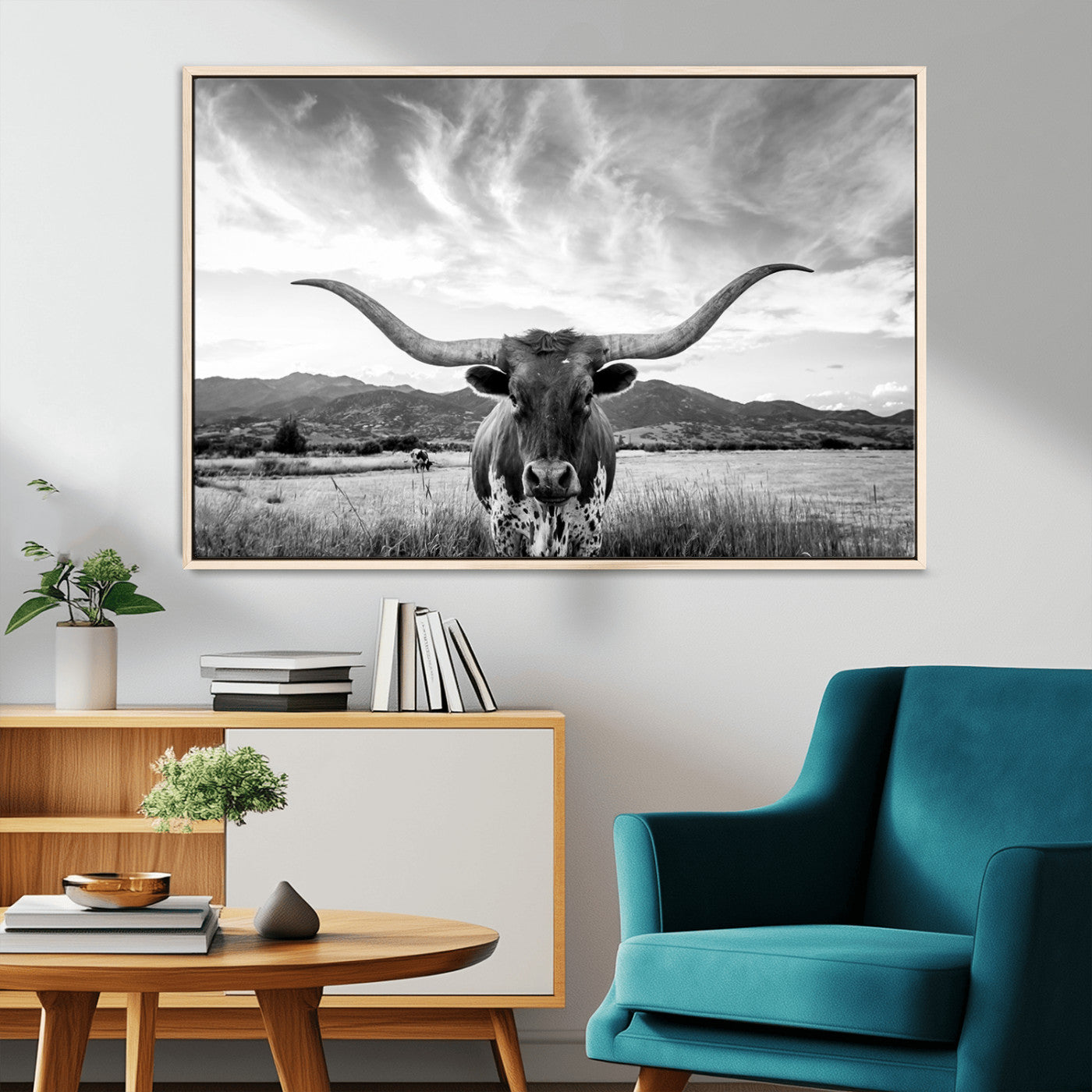 79527-MGV-CV-36X24-Longhorn Black and White Wall Art – Rustic Western Bull Canvas Print, Farmhouse Country Decor for Living Room, Office or Ranch, Cowboy Wall Artwork