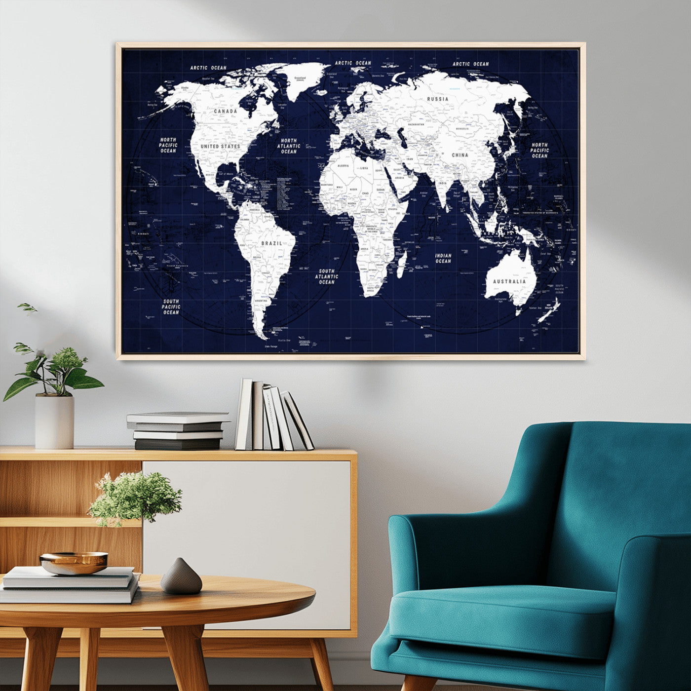 -Navy Blue World Map Canvas Print – Modern Push Pin Travel Map Wall Art, Framed Contemporary Decor for Home or Office