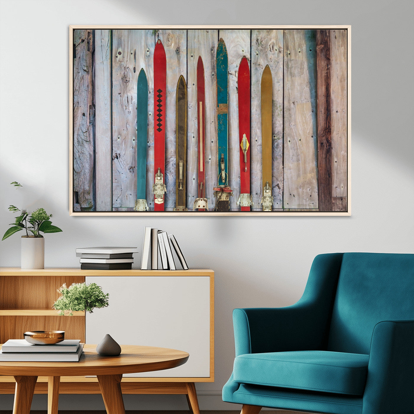 -Vintage Wooden Weathered Ski's in Front of an Old Barn Wall Art Canvas Print for Farmhouse, Cabin