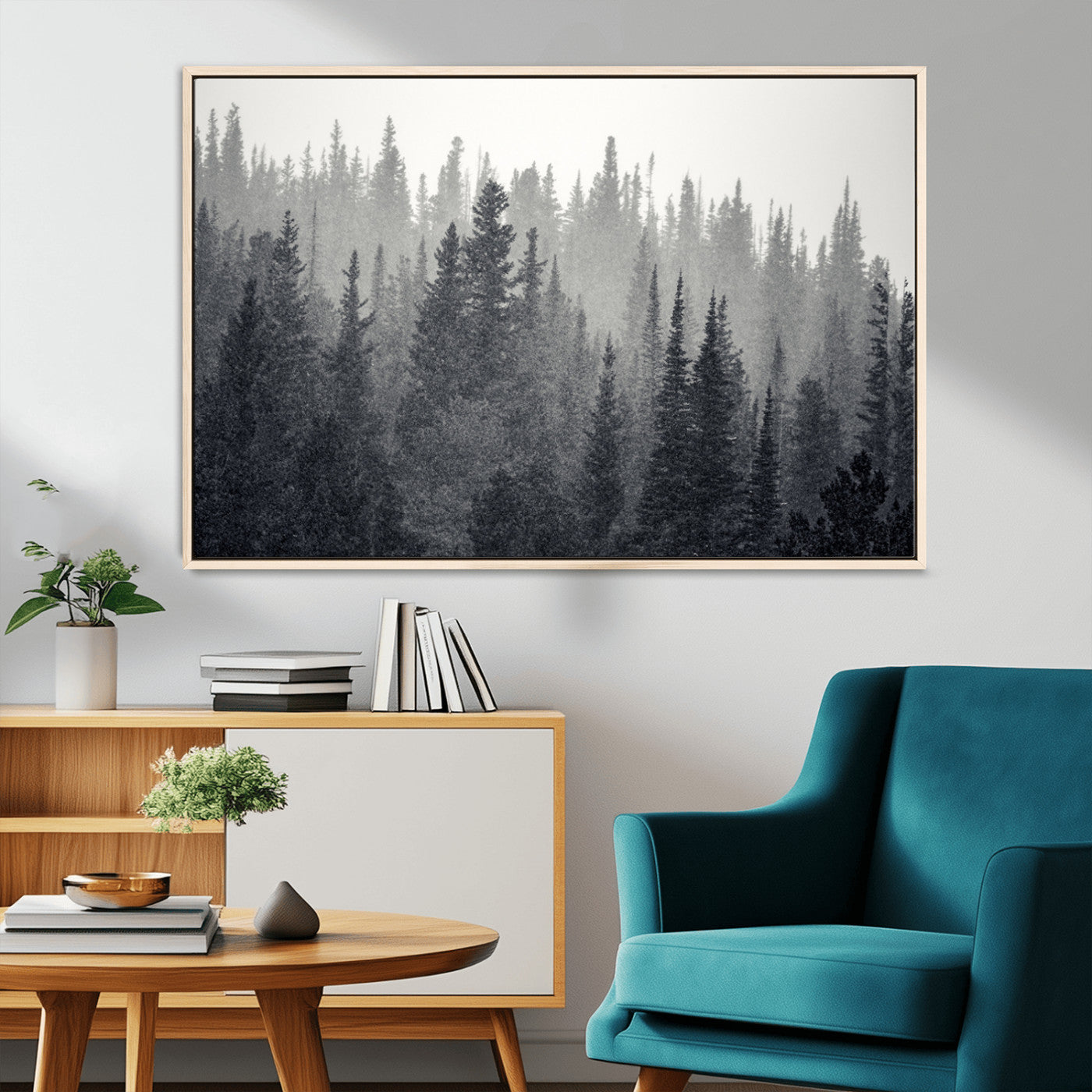 92450-MGV-CV-36X24-Misty Forest Canvas Wall Art – Monochrome Triptych Pine Tree Print – Nature-Inspired Home Decor –