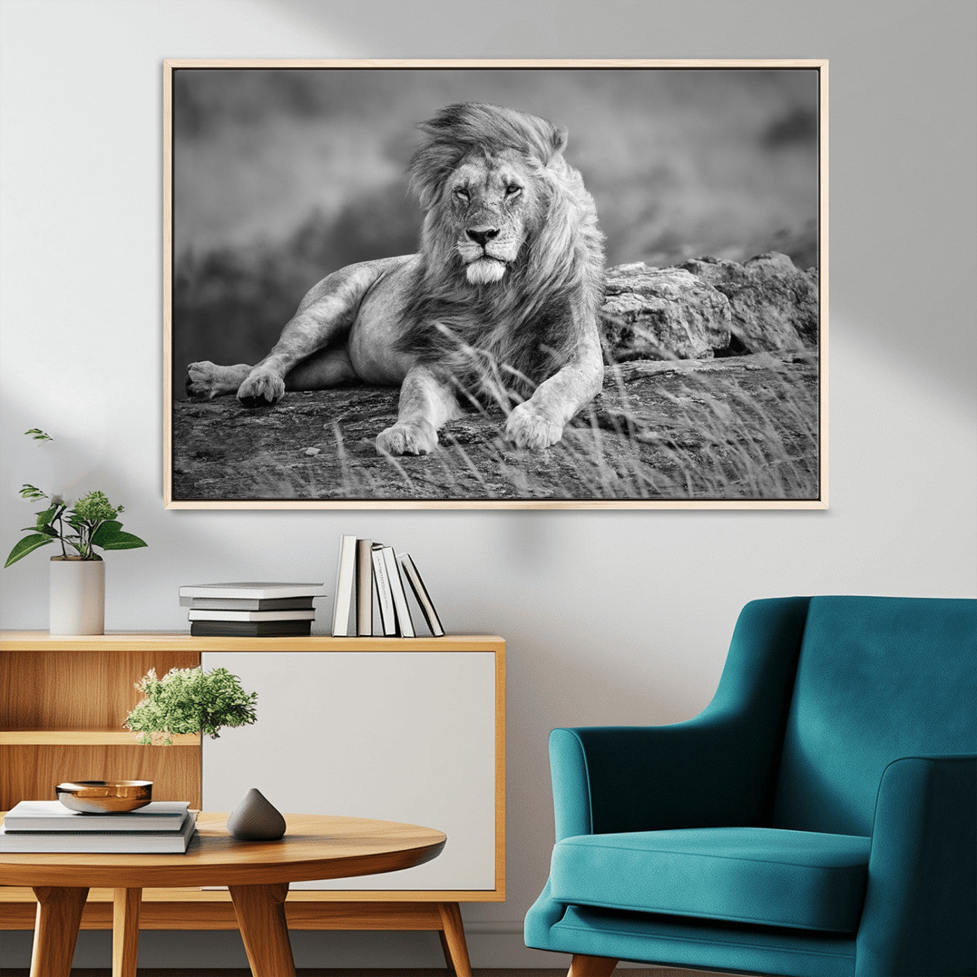 68679-MGV-CV-36X24-King Forest Lion Wall Art Canvas Print – Framed Majestic Wildlife Scene with Regal Lion Artwork for Home, Office