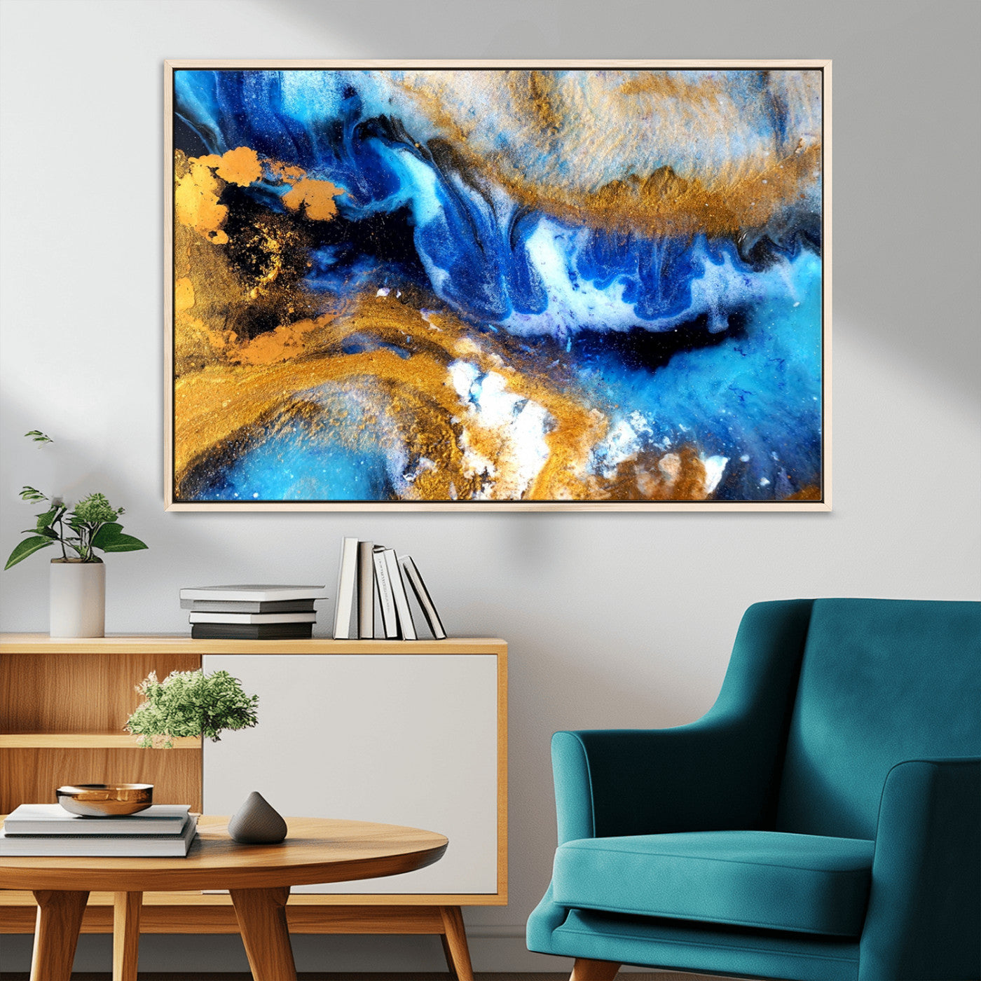 42100-MGV-CV-36X24-Blue Orange Marble Fluid Effect Canvas Wall Art Print