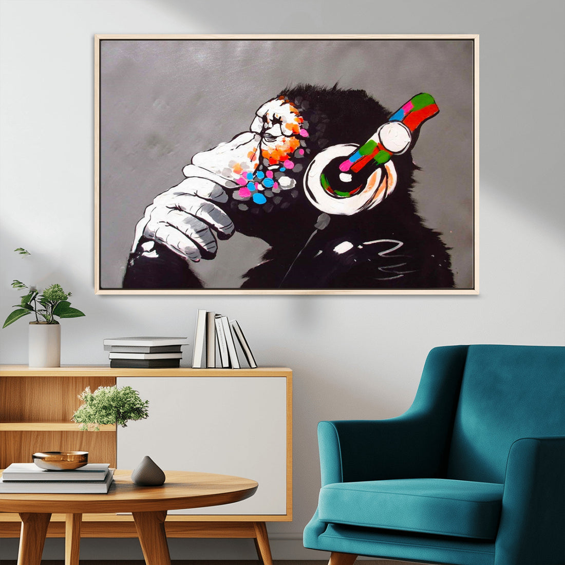DJ Monkey Listening to Music Wall Art Print | Banksy Monkey Large Canvas Print