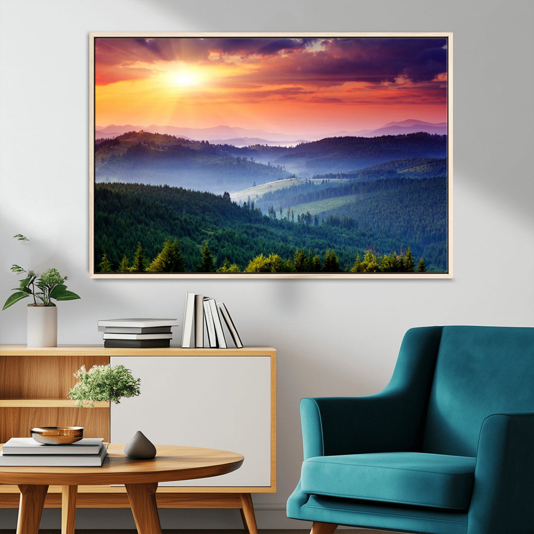 Sunset over Mountain Canvas Print, Forest Canvas Wall Art | Triptych Nature Landscape
