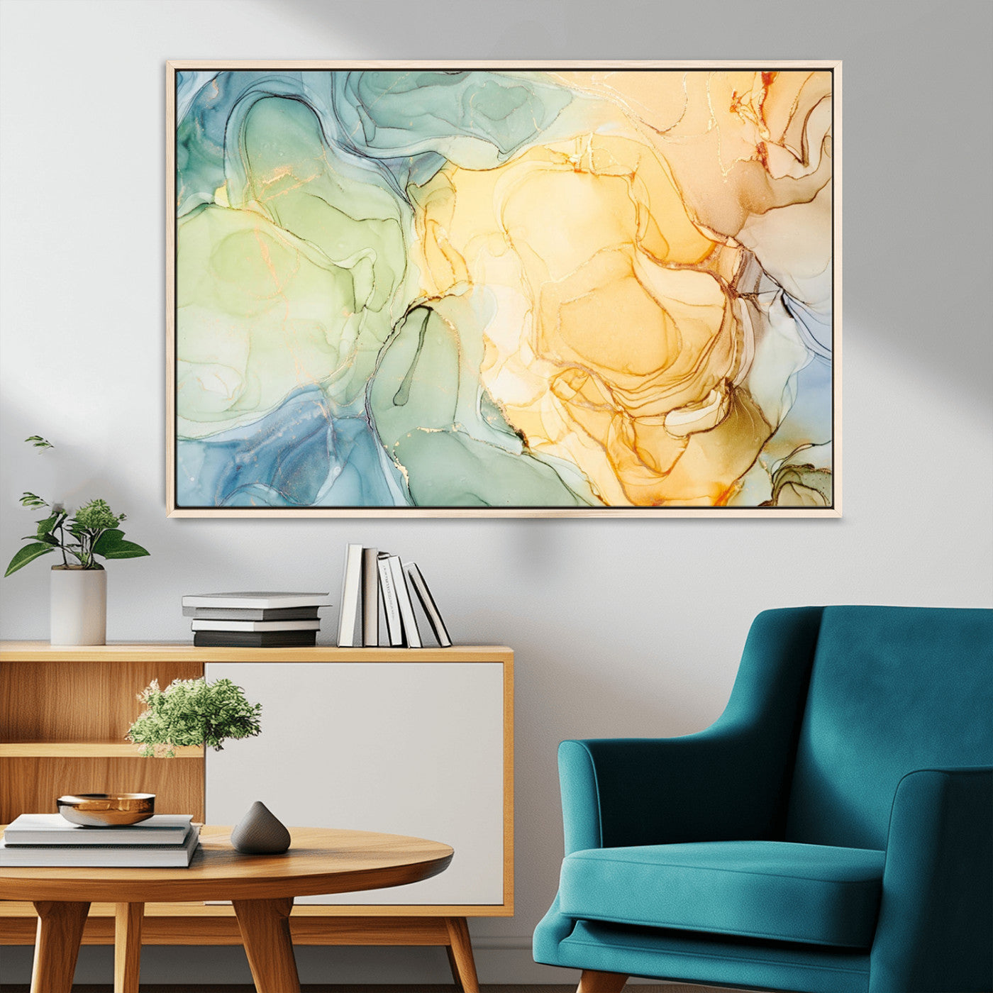 42195-MGV-CV-36X24-Green and Yellow Marble Fluid Effect Wall Art, Green and Yellow Marble Canvas Wall Art Print