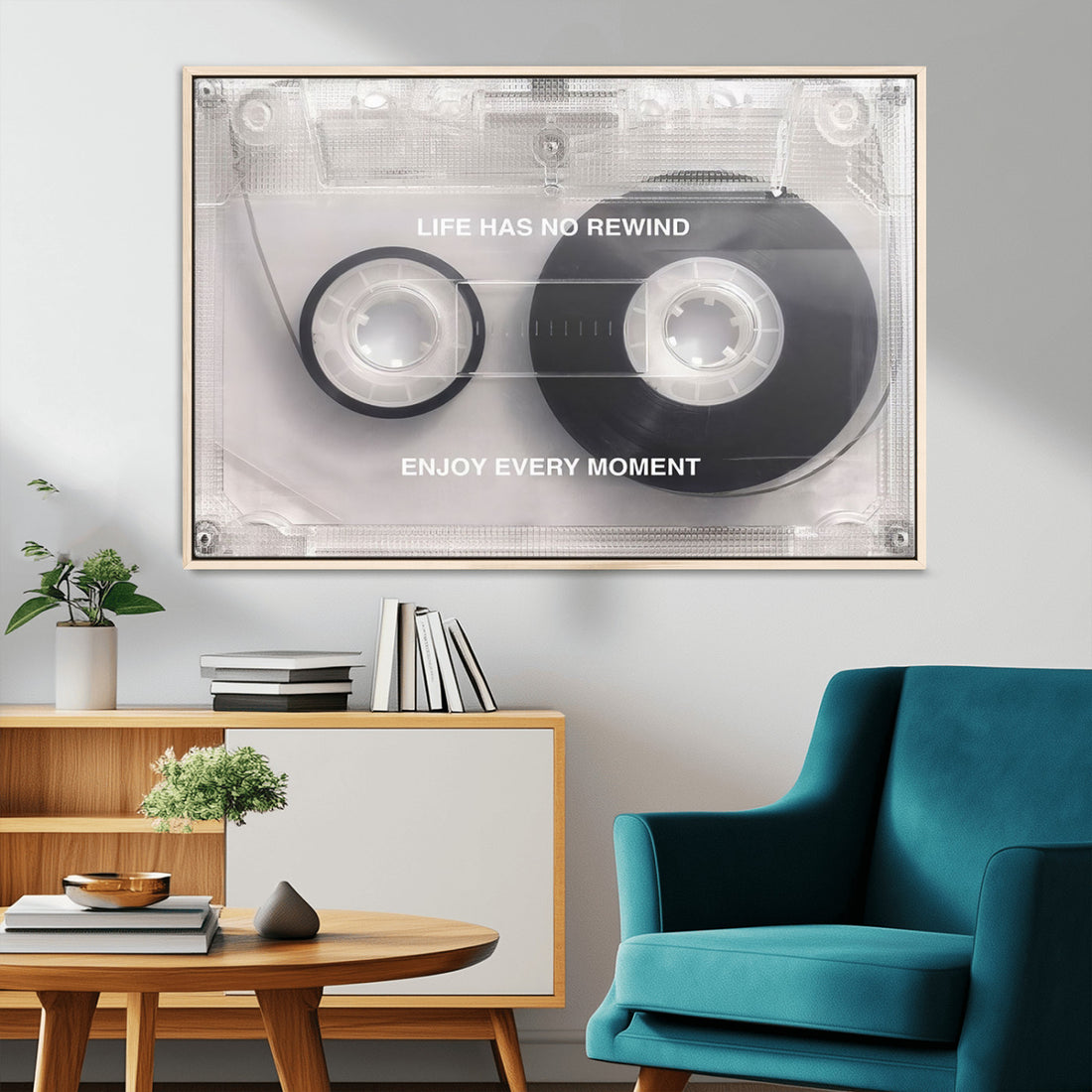 Vintage Cassette Tape Canvas Wall Art, Inspirational 'Life Has No Rewind' Quote, Retro Music Decor