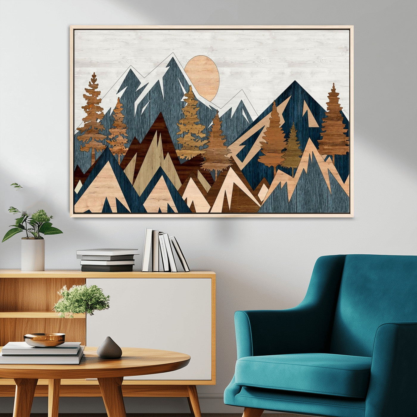 91467-MGV-CV-36X24-Abstract Wood Panel Effect Mountain Range Top Wall Art Canvas Print