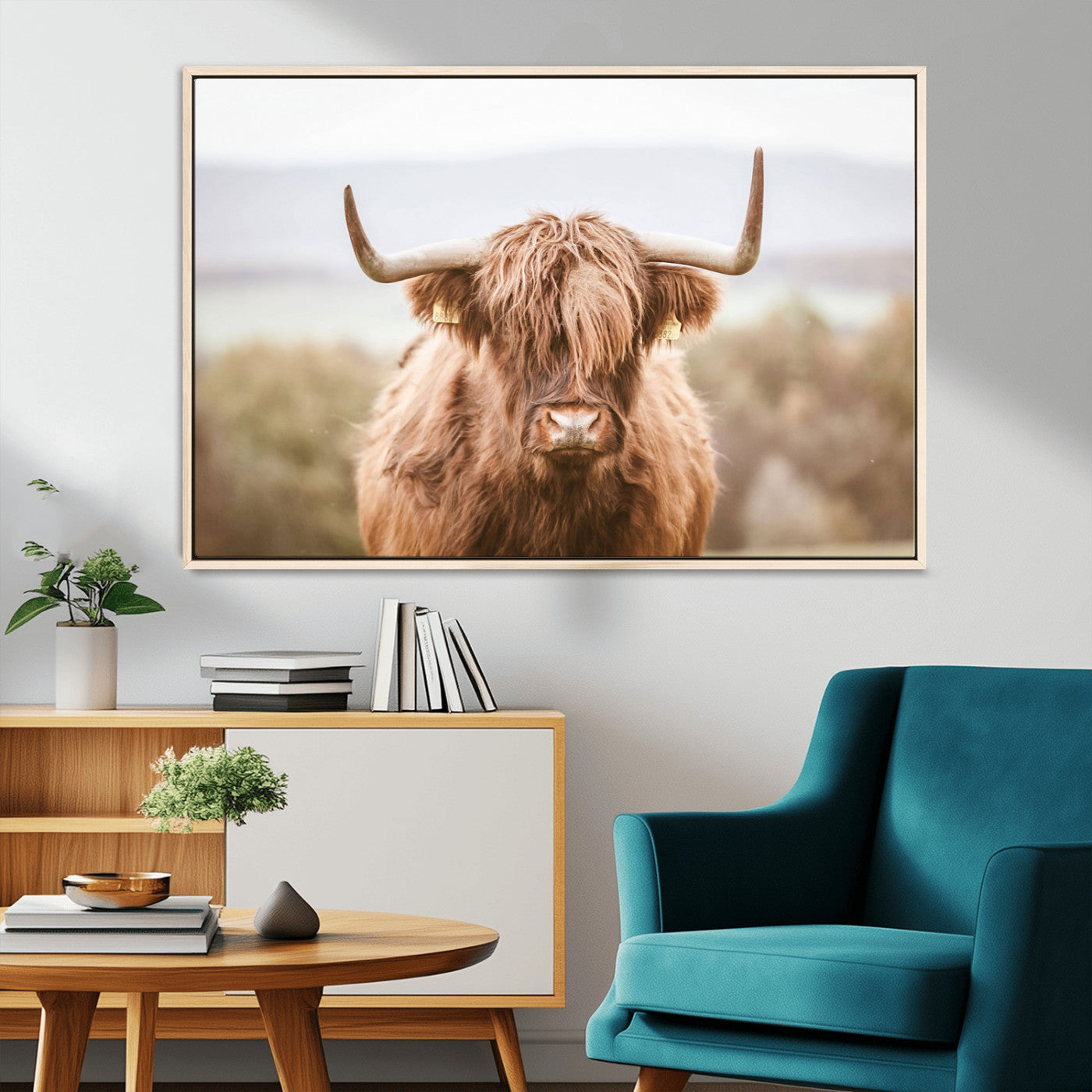 -Scottish Serene Highland Cow Canvas Wall Art – Serene Highland Cow in Natural Pastel Tones – Ready
