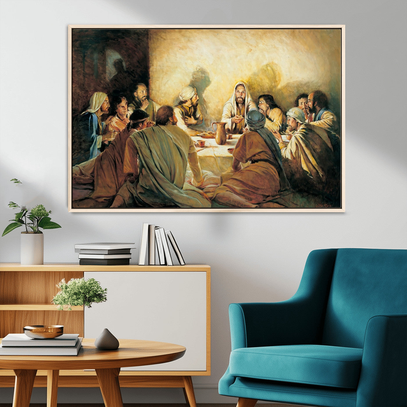 Framed canvas print of the Last Supper, depicting Jesus and his disciples, perfect for religious or Christian-themed home decor.