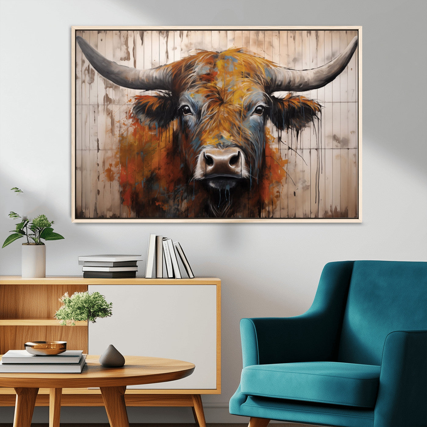 47284-MGV-CV-36X24-Abstract Bull Highland Cow Canvas Wall Art Print – Vibrant Rustic Charm in Modern Farmhouse Decor –