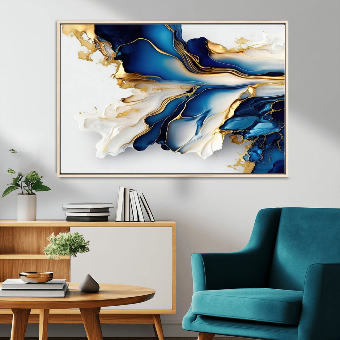 Gold Marble Art, Abstract Geode Gold and Blue Marble Shape Canvas Wall Art