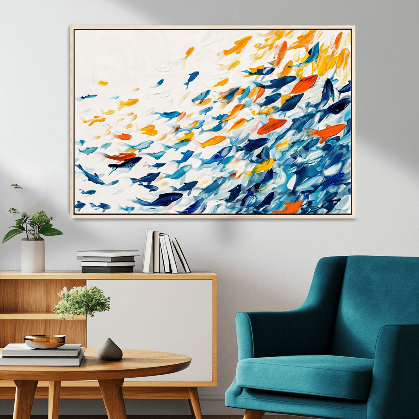 84837-MGV-CV-36X24-Abstract Fish Shoal Wall Art Canvas Print, Colorful Fish Herd Painting on Canvas Print, Ocean Animal