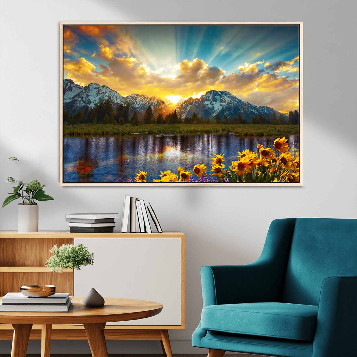 42292-MGV-CV-36X24-Mountain Sunrise Wall Art – Vibrant Landscape Canvas Print with Wildflowers and River Reflection, Nature Scenery Decor for Living Room or Bedroom