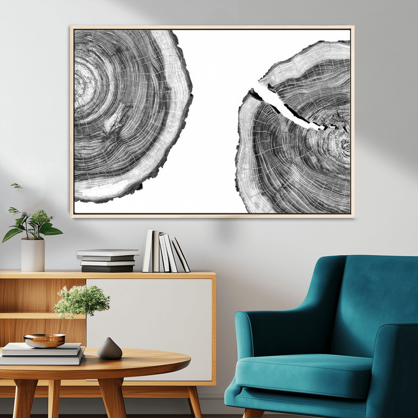 52770-MGV-CV-36X24-Abstract Large Tree Rings – Minimalist Black and White Wood Art | Triptych Canvas, Modern Wall Decor